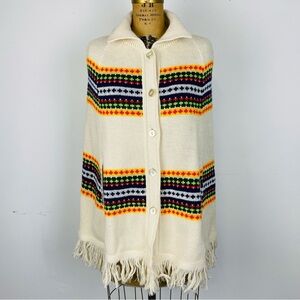 Vintage 1970s Colorful Poncho, Acrylic Cardigan Poncho with Fringe, Festival Top